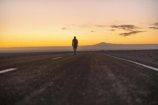 夕阳下路中独行的身影