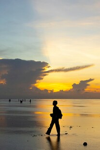 夕阳下的海滩独行者