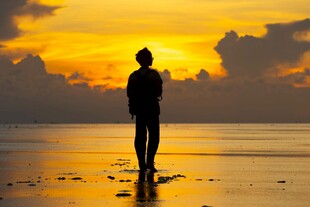 夕阳下海边的孤独身影