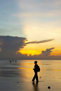 夕阳下海滩上的独行者