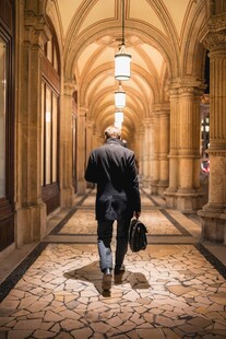 男子漫步于华丽拱形走廊