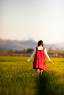 红衣女孩漫步绿色田野
