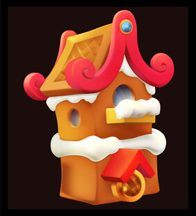 中式卡通风格带雪小房屋