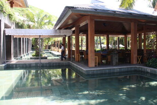 热带风情泳池边木质凉亭