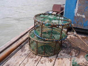 船上的绿色捕鱼笼