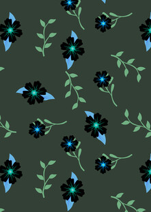 深绿底蓝黑花朵图案