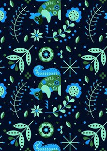 深蓝底奇幻动物花卉图案