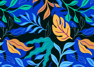 蓝黄绿叶植物花纹图案
