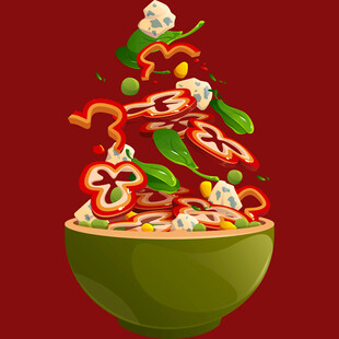 美味食材跃出绿色汤碗