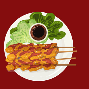 美味烤肉串配蘸料与蔬菜