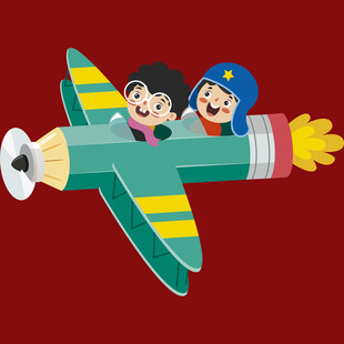 铅笔飞机上的欢乐儿童