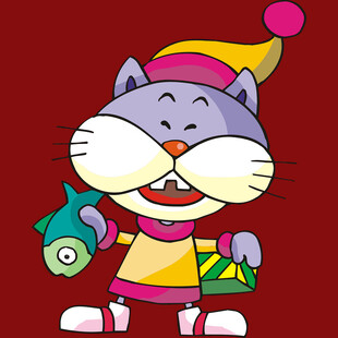 戴帽小猫手持鱼和礼物盒