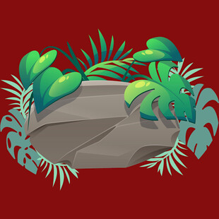 红色背景下的岩石与绿植