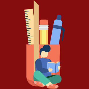 笔筒中专注阅读的学习者