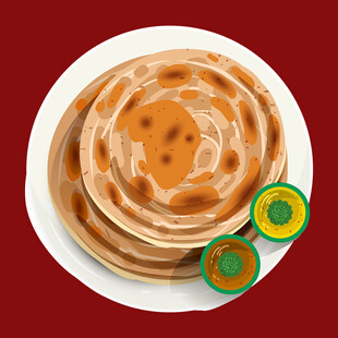 堆叠的美味煎饼配绿色蔬果