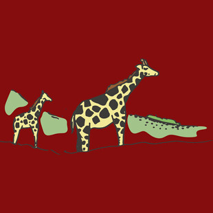 红色背景上的长颈鹿与鳄鱼