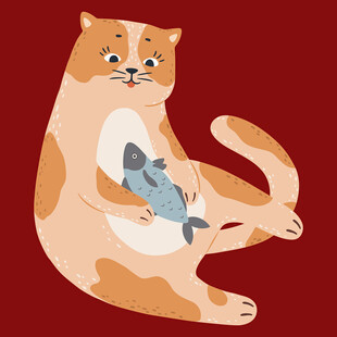 橘猫抱鱼惬意躺卧