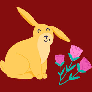 可爱黄兔伴粉色花朵