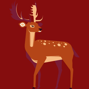 红色背景上的卡通梅花鹿