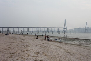 湛江江边沙滩上的行人与大桥