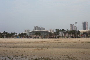 湛江海滨沙滩与远处高楼景观