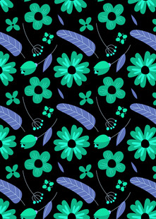 黑色底花卉绿叶图案