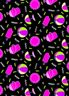 粉色水果图案黑色背景印花