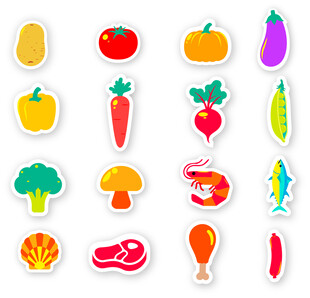 多彩蔬菜肉类贴纸图案
