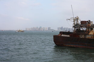 海上旧船与远处城市景观