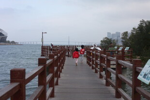 海滨栈道上的漫步行人