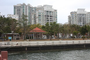 河畔城市景观 高楼与凉亭