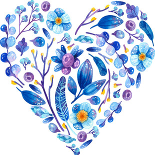 蓝紫色花卉心形水彩图案
