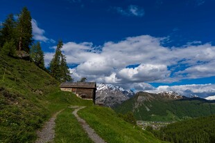 山间小径旁的小屋与美景