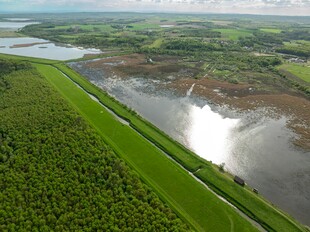 航拍广袤绿野中的水域景观