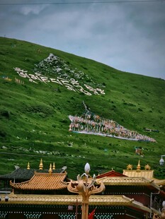 青山下的金顶建筑景观