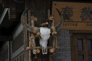 复古风牛头装饰挂于店外