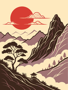 复古红日山峰风景