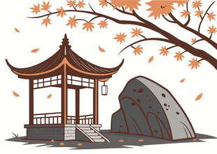 古风亭景与秋叶相伴