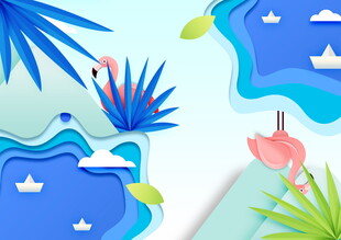 热带风情剪纸风插画场景