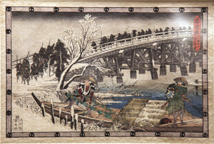 古代雪景桥上人物活动图