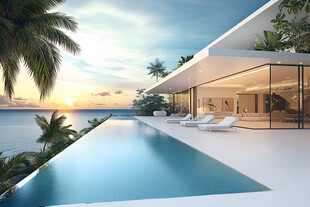 海滨现代风泳池别墅景观