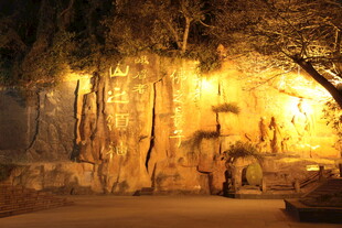 夜间灯光映照的假山景