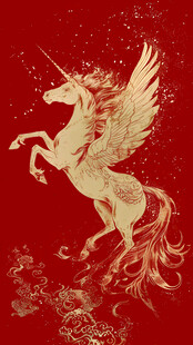 金色飞马独角兽于红背景跃起