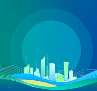 梦幻城市天际线与波浪背景