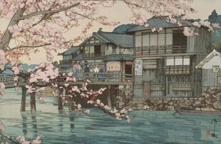 日式河畔阁楼樱花景致