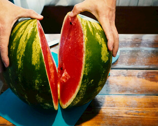 双手掰开的鲜红多汁西瓜