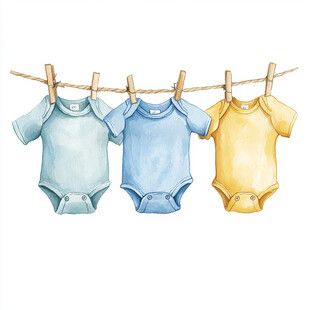 三色婴儿连体衣挂于绳上