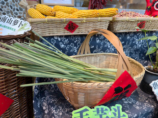 田园风草编篮与丰收蔬果