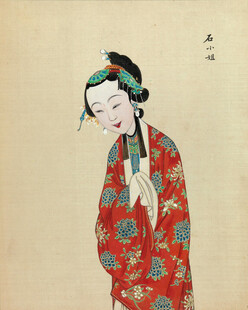古典红衣女子优雅侧立