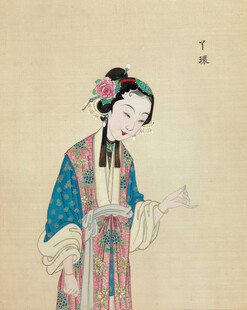古典仕女图手持花枝赏景